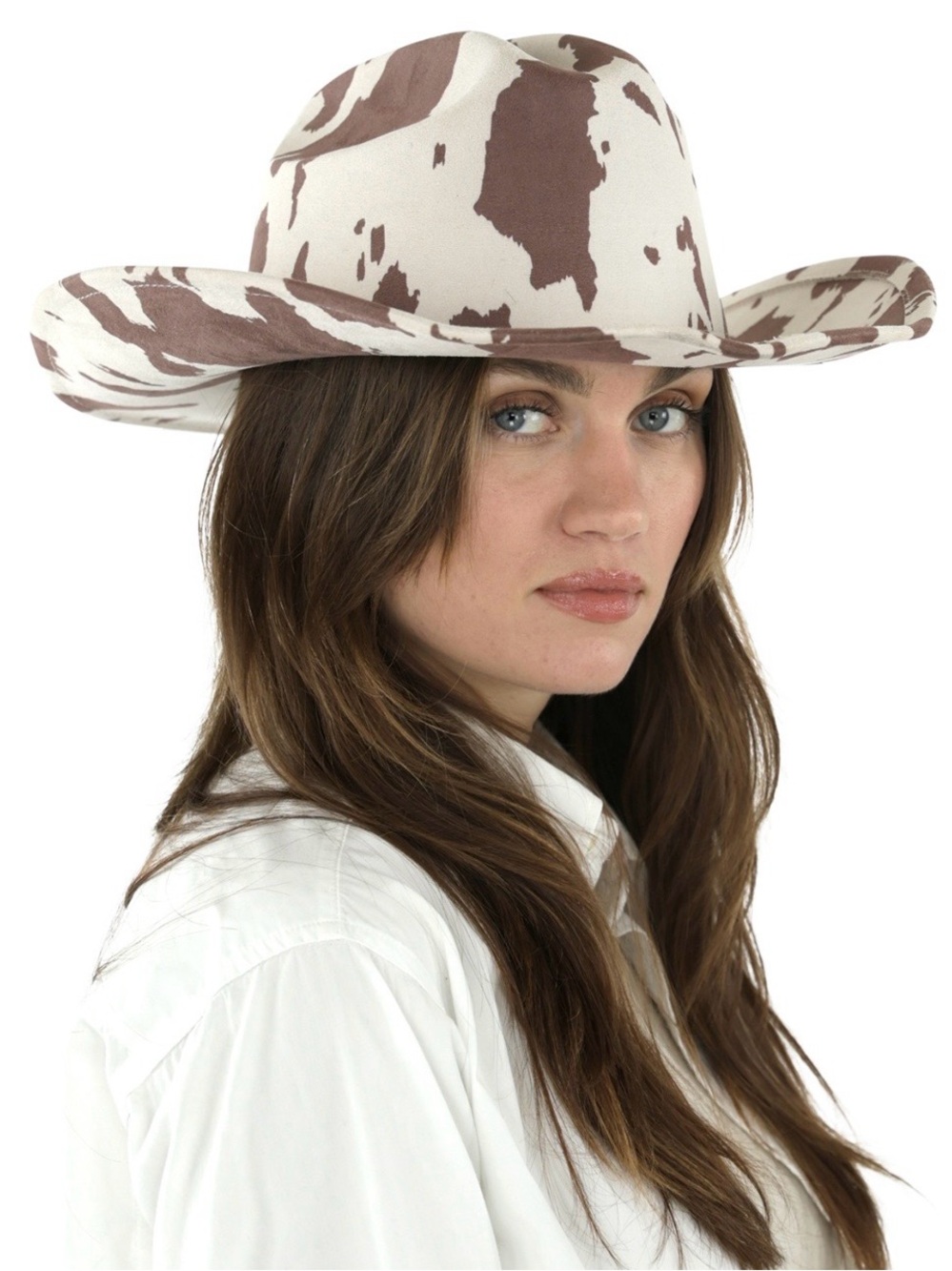 Freestyle Cowhide-Pattern Wide Brim Hat - Brown & Cream